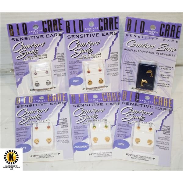 6 PR GOLD PLATED SURGICAL STEEL STUDS FOR PIECING