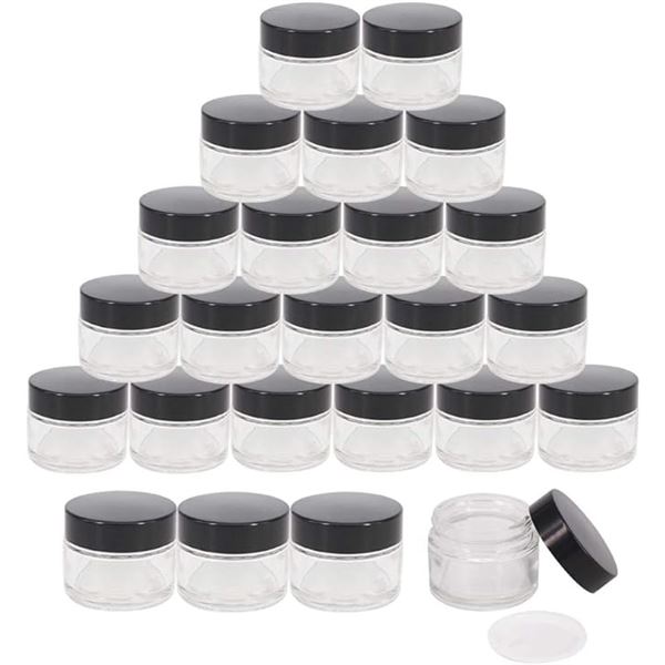BOX OF SMALL GLASS CONTAINERS WITH SCREW ON LIDS