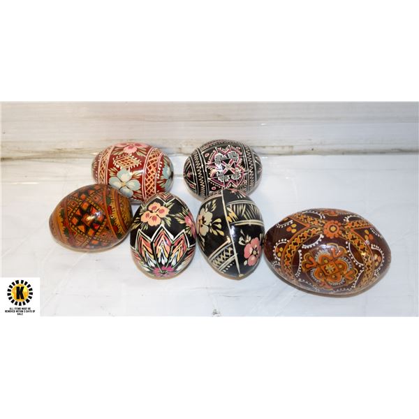 6 VINTAGE WOODEN FOLK ART EGGS