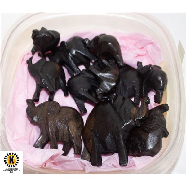 11 MINI CARVED WOOD ELEPHANTS
