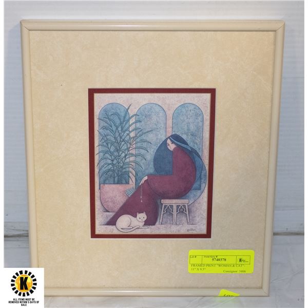 FRAMED PRINT "WOMAN & CAT"- 11" X 9.5"