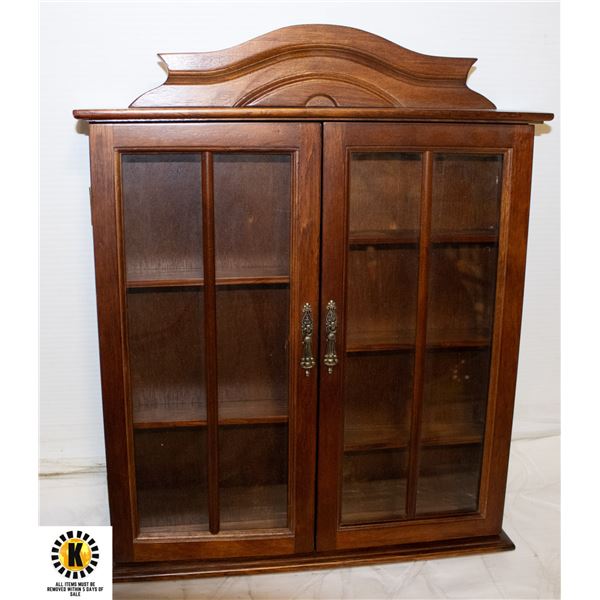 WOOD WALL MOUNT DISPLAY CASE W/GLASS DOORS
