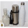 Image 1 : FLAT WITH STAINLESS THERMOS, LIQUOR DECANTER AND