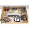 Image 1 : TOOL LOT INCLUDES VARIOUS TAPE MEASURES,