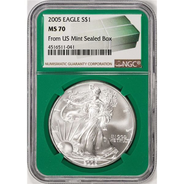 2005 $1 American Silver Eagle Coin NGC MS70 From US Mint Sealed Box Green Core