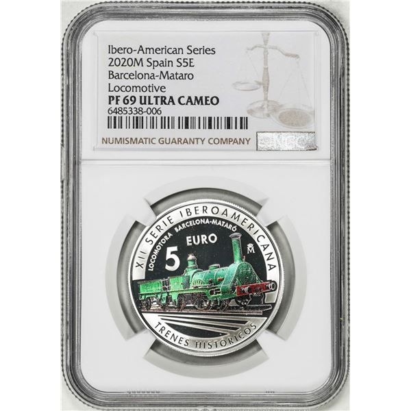 2020M Spain 5 Euros Barcelona Locomotive Train Proof Silver Coin NGC PF69 Ultra Cameo