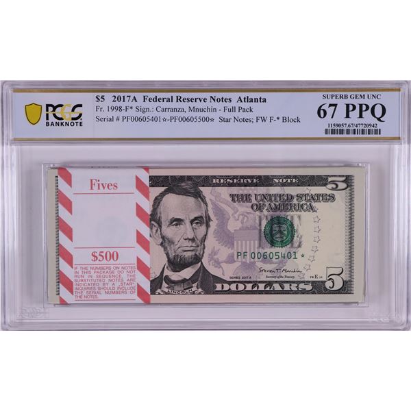 Pack 2017A $5 Federal Reserve STAR Notes Atlanta Fr.1998-F* PCGS Superb Gem UNC 67PPQ