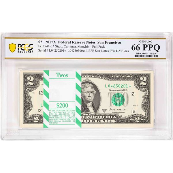 Pack 2017A $2 Federal Reserve STAR Notes SF Fr.1941-L* PCGS Gem Uncirculated 66PPQ