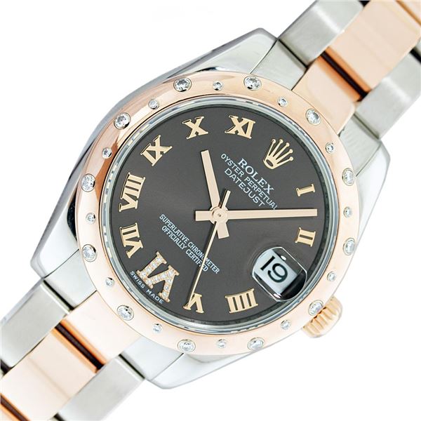 Rolex Ladies Midsize Two Tone Rose Gold Chocolate Roman Diamond Datejust Wristwatch