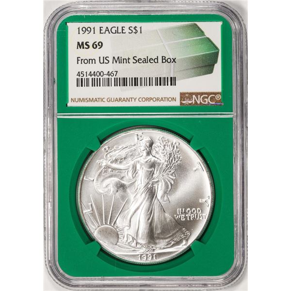 1991 $1 American Silver Eagle Coin NGC MS69 Green Core
