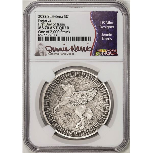 2022 Pound St. Helena Silver Pegasus Coin NGC MS70 Antiqued FDOI Norris Signed