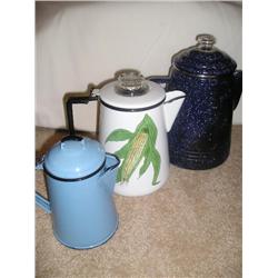 3 enamel coffee pots
