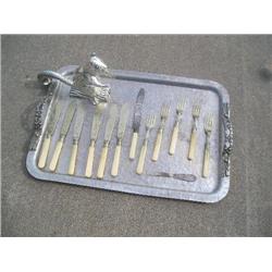 Aluminum tay w/handles and flatware