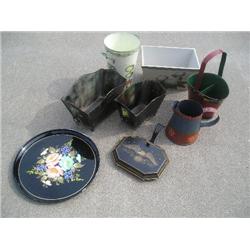 Painted metal tray, planters, pails.