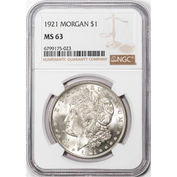 1921 $1 Morgan Silver Dollar Coin NGC MS63