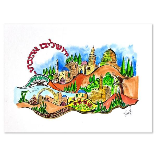Sami Zilkha "Beloved Jerusalem (Red)" Original Watercolor on Paper