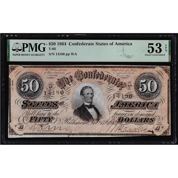 1864 $50 Confederate States of America Note T-66 PMG About Uncirculated 53EPQ