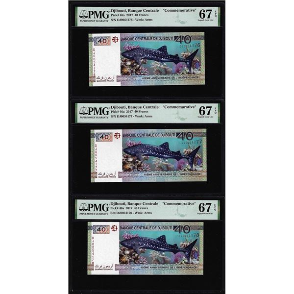(3) Consecutive 2017 Djibouti 40 Francs Bank Notes PMG Superb Gem Uncirculated 67EPQ