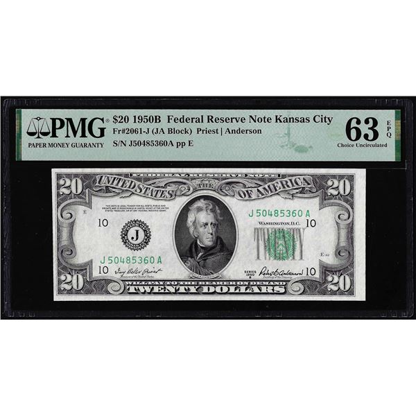 1950B $20 Federal Reserve Note Kansas City Fr.2061-J PMG Choice Uncirculated 63EPQ