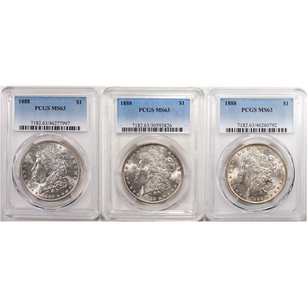 Lot of (3) 1888 $1 Morgan Silver Dollar Coins PCGS MS63