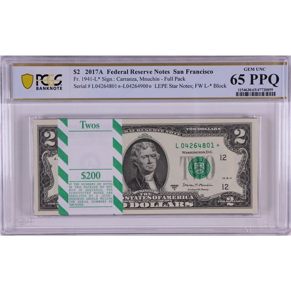 Pack 2017A $2 Federal Reserve STAR Notes San Francisco Fr.1941-L* PCGS Gem UNC 65PPQ