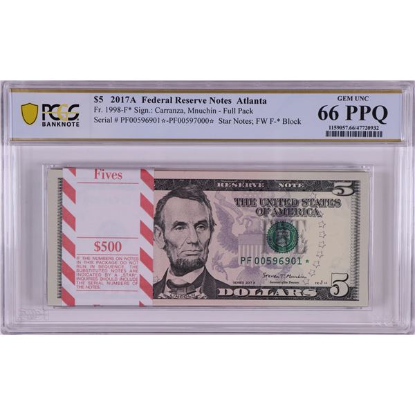 Pack of 2017A $5 Federal Reserve STAR Notes Atlanta Fr.1998-F* PCGS Gem UNC 66PPQ