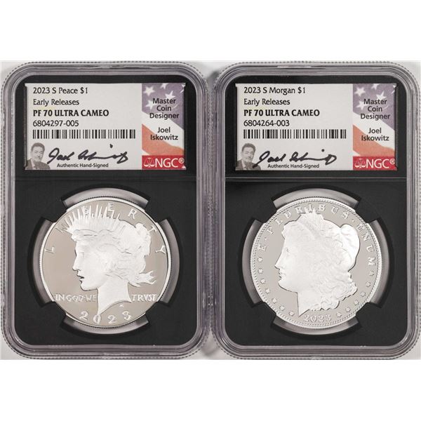 2023-S $1 Proof Morgan & Peace Silver Dollar Set NGC PF70 Ultra Cameo ER Iskowitz Sig