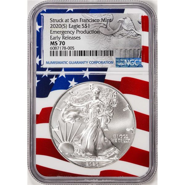 2020(S) $1 American Silver Eagle Coin NGC MS70 Early Releases Mint Flag Core