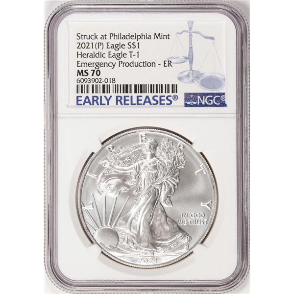 2021-(P) Type 1 $1 Heraldic American Silver Eagle Coin NGC MS70 Philadelphia Mint ER