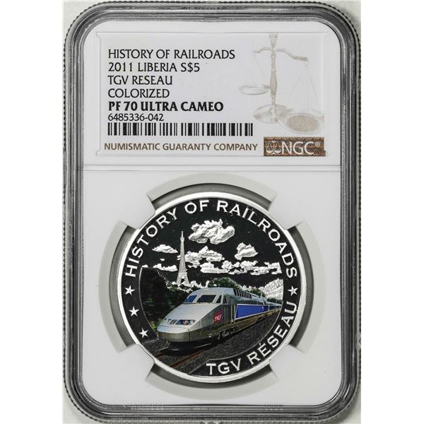 2011 Liberia $5 History of Railroads TGV Reseau Proof Silver Coin NGC PF70 Ultra Cameo