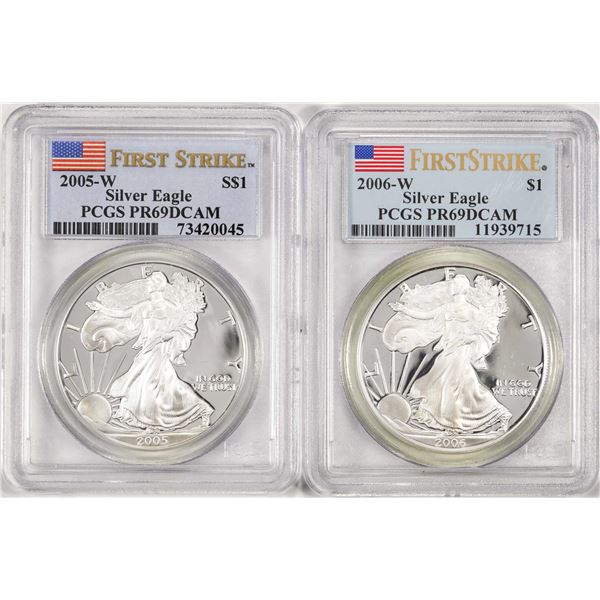 Lot of 2005-W & 2006-W $1 Proof American Silver Eagle Coins PCGS PR69DCAM First Strike