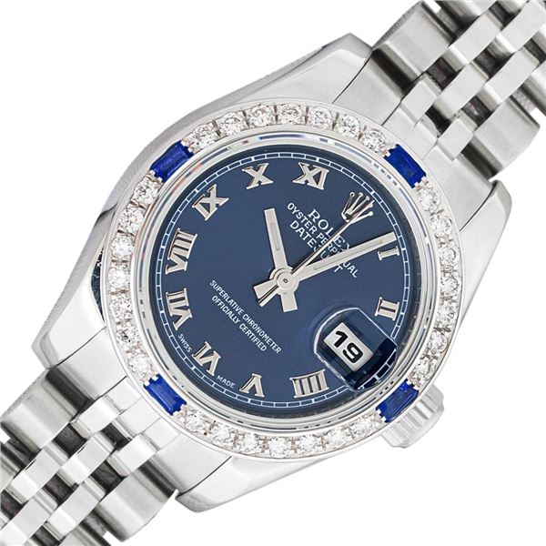 Rolex Ladies Stainless Steel Blue Roman Sapphire and Diamond Datejust Wristwatch