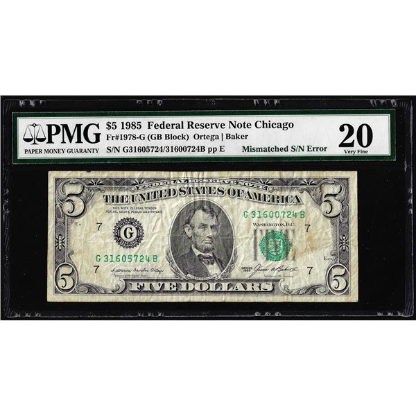 1985 $5 Federal Reserve Note Mismatched Serial Number Error Fr.1978-G PMG Very Fine 20