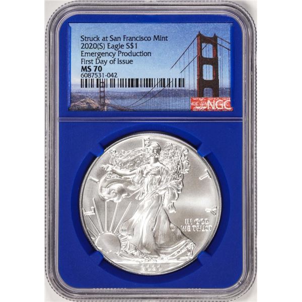 2020(S) $1 American Silver Eagle Coin NGC MS70 FDOI San Francisco Mint Blue Core