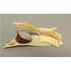 Pair of: Ivory salmon on horn base; Ivory orca on ivory base (2)