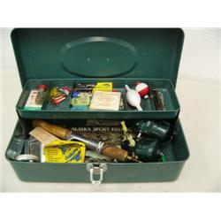 Collection of vintage fishing equipment including 2 telescoping rods new with original tag from 1954