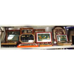 Shelf of framed motorcycle, keys, spirits, various interesting items (8888)