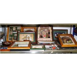 Shelf of framed miscellaneous interesting items: ship in a bottle, clock (8888)