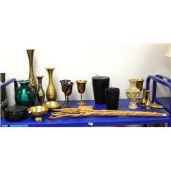 Cast Tlingit style bowl, 2 rug beaters, assorted brass vases, brass lamp, green art glass vase (46)
