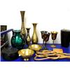 Image 2 : Cast Tlingit style bowl, 2 rug beaters, assorted brass vases, brass lamp, green art glass vase (46)