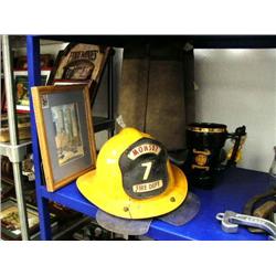 Lot of 5 items: fireman's helmet, fireman's boots, boot mug, framed New York Twin Tower's (18)