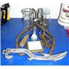 Image 1 : Pair of ice tongs, fireman's tool, lot of brass ship's keys, 2 Bell Telephone system mirrors, lot of