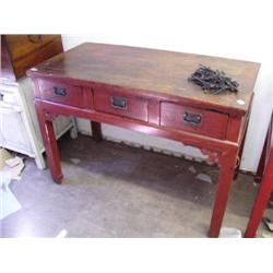 33" H, 46" L, 23" D 3-drawer entry way table circa 1880 oak with red finish (800)