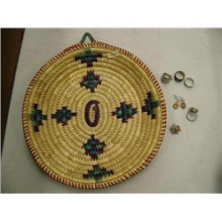 Brass tray with purple and green design and red edge including silver rings and earrings (46)