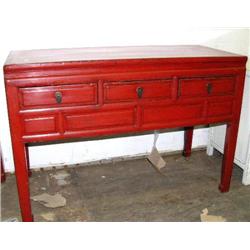 34" H, 50" L, 22" D 3-drawer table oak with red finish circa 1880 (800)
