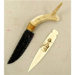 Knife with slate blade broken; ivory letter opener shaped as a spear shaft with American Indian hold