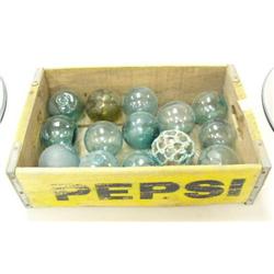 Lot of: 14 glass fishing buoys (average approx. size 3-1/2" diameter) in wooden Pepsi crate (2)