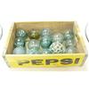 Image 1 : Lot of: 14 glass fishing buoys (average approx. size 3-1/2" diameter) in wooden Pepsi crate (2)