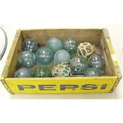 Lot of: 13 glass fishing buoys (average approx. size. 3-1/2" diameter) in wooden Pepsi crate (2)