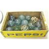 Image 1 : Lot of: 13 glass fishing buoys (average approx. size. 3-1/2" diameter) in wooden Pepsi crate (2)